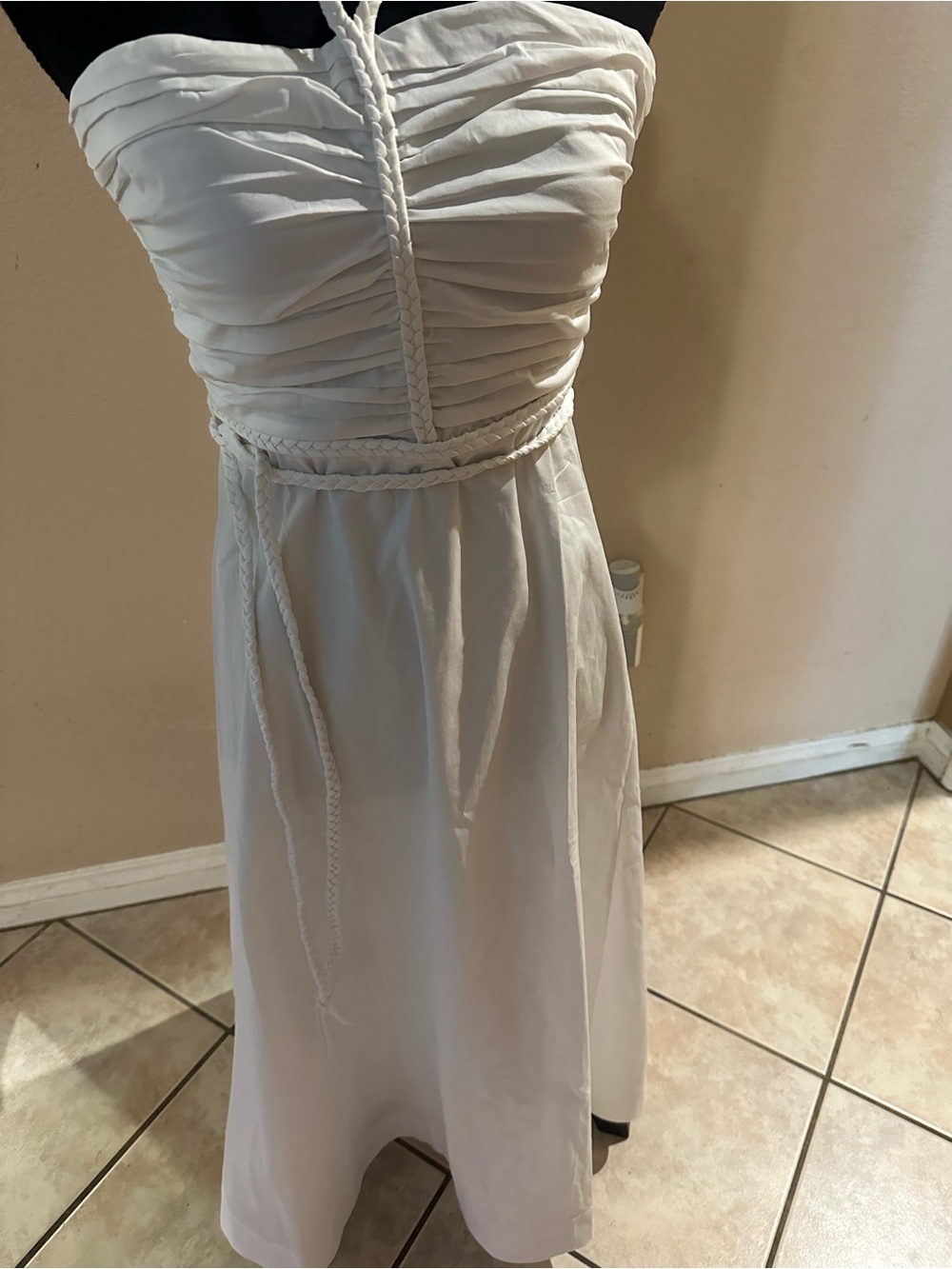 Veronica Beard White Strapless Braided-Waist Midi Dress